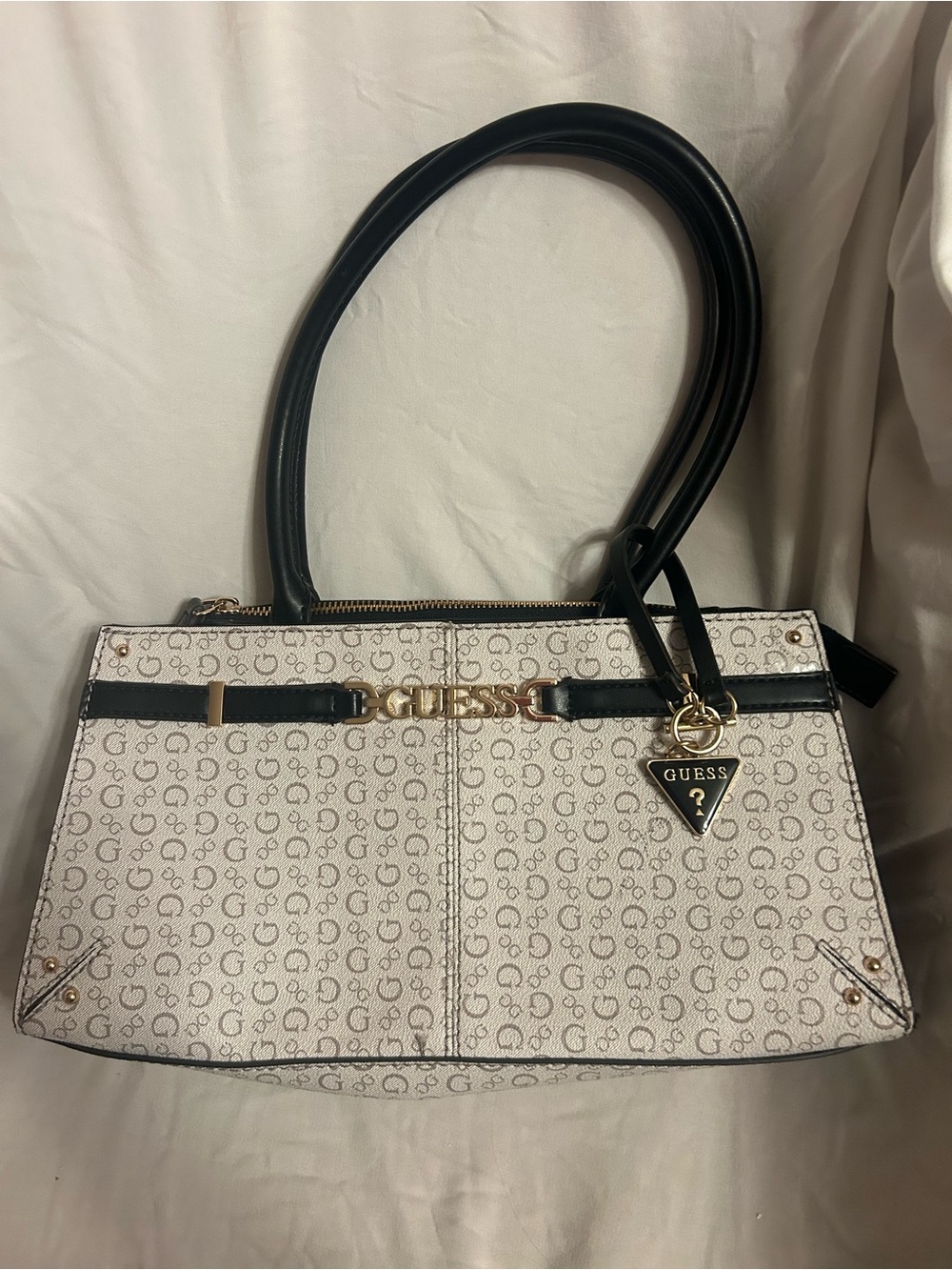 GUESS White Monogram Tote with Black Trim and Gold Hardware